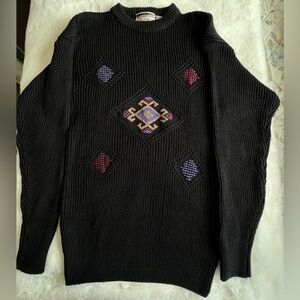 Vintage Bobbio Black Ribbed Knit Sweater Embroidered Geometric Design Size L